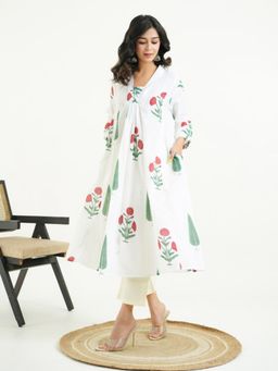 GOODHAND - Pure Cotton Woven Floral Printed Gath White Kurta for Women