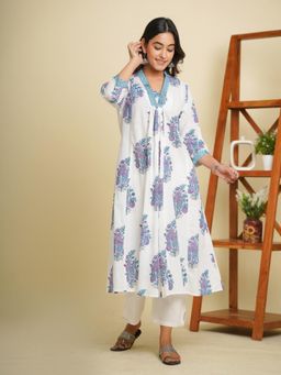 GOODHAND - White Cotton Block Printed Mughal Kurta for Women