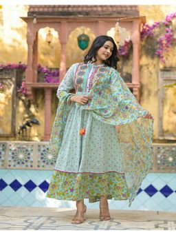 Juniper - Mint Green Floral Long Dress with Dupatta and Belt