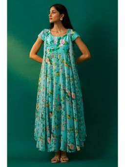 WISHFUL by W - Aqua Blue Embroidered Flared Poly Georgette Dress with Shrug