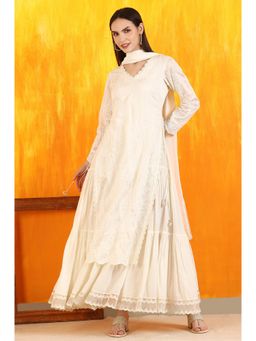 WISHFUL by W - Off White Embroidered Mock Layer Tiered Kurta and Dupatta