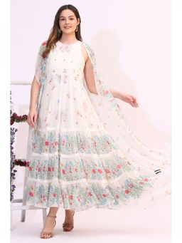 WISHFUL by W - White Floral Printed Chiffon Tiered Flared Dress with Printed Cape
