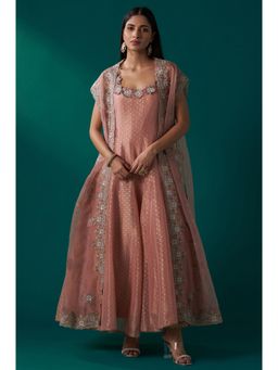 WISHFUL by W - Peach Heavy Embroidered Tissue Cape and Anarkali Kurta