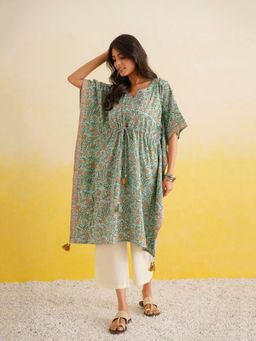 GOODHAND - Cotton Block Printed Kaftan For Women - Green