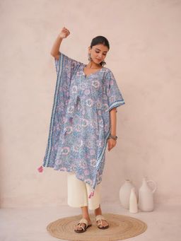 GOODHAND - Cotton Block Printed Kaftan For Women - Blue