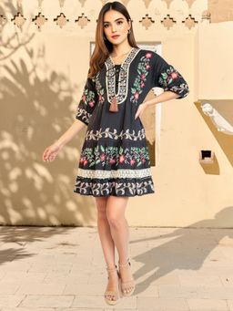 ISHIN - Women’s Black Mini Dress with Puff Sleeves