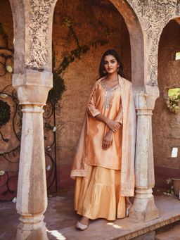 Karaj Jaipur - Straight Fit Chanderi Kurta with Cotton Sharara & Printed Dupatta (Set of 3)