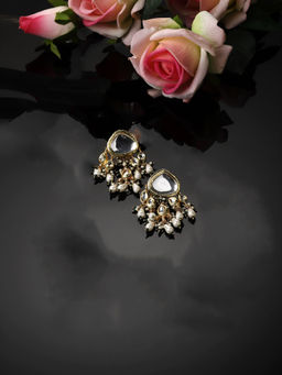 Dugran By Dugristyle - Green & Gold Drop Earring with Kundan & Pearls