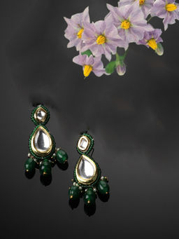 Dugran By Dugristyle - Green & Gold Drop Earring with Kundan & Pearls