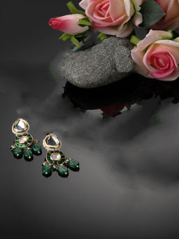 Dugran By Dugristyle - Green & Gold Drop Earring with Kundan & Pearls
