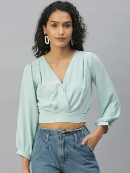 SHOWOFFFF - Women V-Neck Solid Sea Green Crop Top