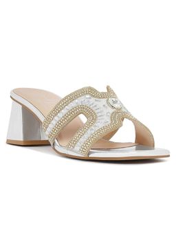 London Rag - Women Embellished Block Sandals Heels - Silver