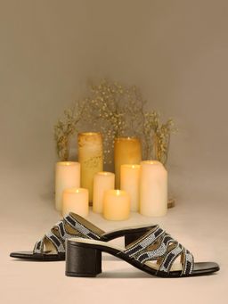 London Rag - Women Rhinestones and Bead Block Sandals Heels - Black