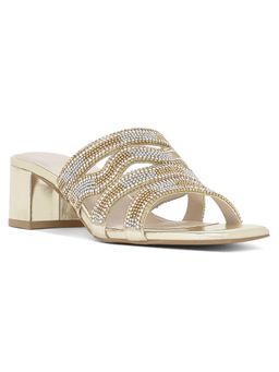 London Rag - Women Rhinestones and Bead Block Sandals Heels - Gold