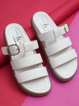 London Rag - Women Strappy Faux Leather Slip On Sandals - White