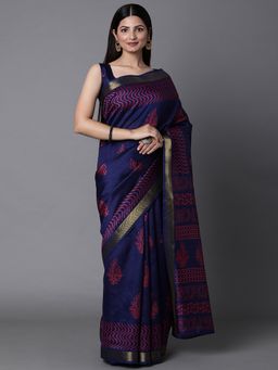 Akhilam - Womens Raw Silk Navy Blue Printed Celebrity Saree with Unstitched Blouse