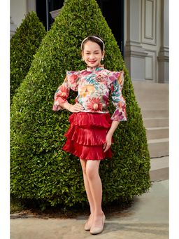 TINY GIRL - Girls Maroon Polyester Three Fourth Sleeves Top with Skirt