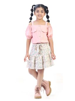 TINY GIRL - Girls Peach Polyester Sleeveless Top with Skirt