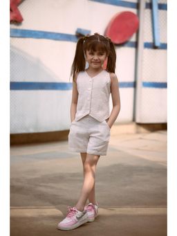 TINY GIRL - Girls Beige Cotton Sleeveless Top with Shorts