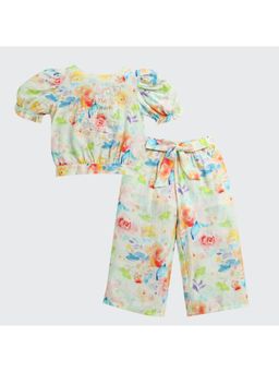 TINY GIRL - Girls Green Polyester Puff Sleeves Top with Pant