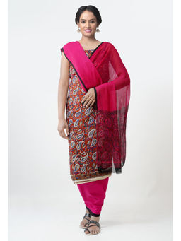 Unnati Silks - Unstitched Brown Bagru Printed Rajasthani Cotton Salwar Kameez (Set of 3)