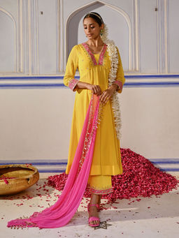 FASHOR - Floral Embroidered Anarkali Kurta with Palazzo & Dupatta - Yellow (Set of 3)