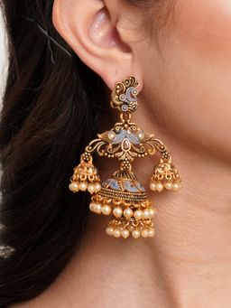 Karatcart - Gold Plated Grey Meena Double Jhumki Earrings for Women