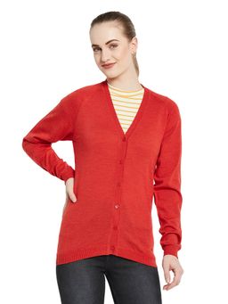 Monte Carlo - Womens Pure Wool Red Solid V Neck Cardigan