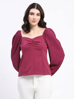 Madame - Sweetheart Neck Elasticated Rush Detailed Solid Plum Knitmoss Top
