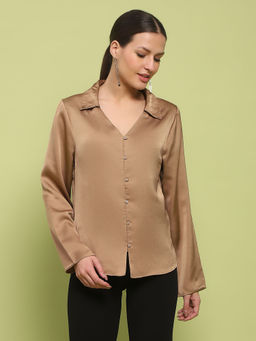 Madame - Satin Bell Sleeve Collared Solid Golden Yellow Shirt
