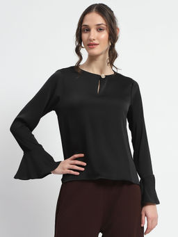 Madame - Solid Black Ruffle Sleeve Satin Top