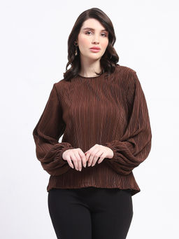Madame - Pleated Round Neck Solid Brown Top