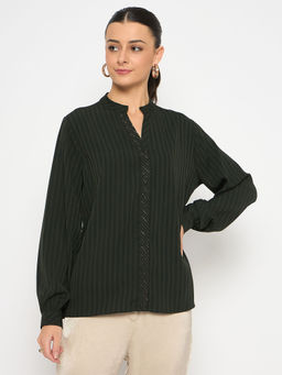 Madame - Embellished Striped Cuff Sleeved Green Top