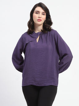 Madame - Embellished Round Neck Solid Purple Top