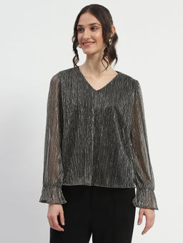 Madame - Ruffle Sleeve Black Shimmery Top