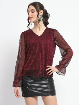 Madame - Ruffle Sleeve Maroon Shimmery Top