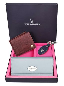 WILDHORN - Premium Leather Ladies Wallet, Mens Wallet and Keychain Gift -1K_EBL_2052MRCR_K (Set of 3)