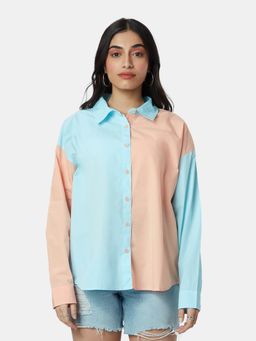 The Souled Store - Colorblock Powder Blue And Peach Women Boyfriend Shirt