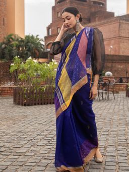 Beatitude - Blue Blended Cotton Saree With Unstitched Blouse