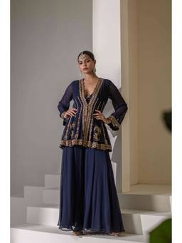 Rasasvada - Navy Blue Embroidered Jacket With Sharara