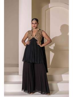 Rasasvada - Black Embroidered Peplum Top With Sharara