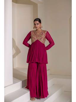 Rasasvada - Red Embroidered Peplum Top With Sharara