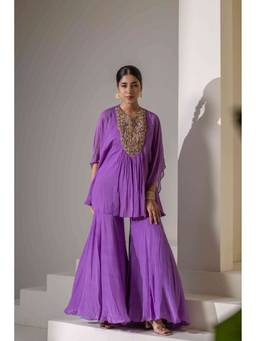 Rasasvada - Purple Embroidered Peplum Top With Sharara