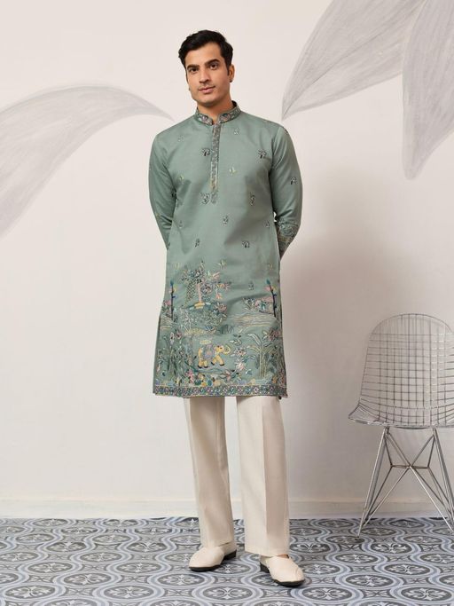 Odette Pista Silk Blend Embroidered Stitched Kurta and Pant