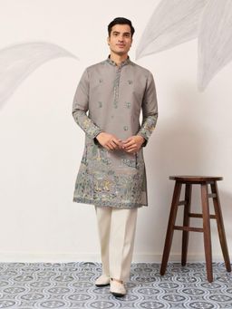 Odette - Grey Silk Blend Embroidered Stitched Kurta and Pant