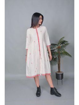 EARTHWEAR - Off White Jamdani Handwoven Long A-Line Dress for Women
