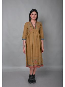 EARTHWEAR - Brown Jamdani Handwoven Long A-Line Dress for Women