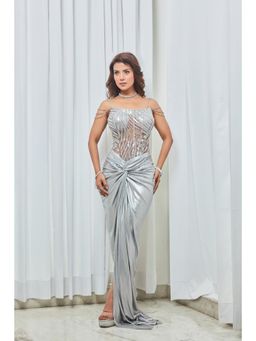 Saaj by Ankita - Grey Crystal Metallic Drape Corset Gown with Dupatta