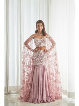 Saaj by Ankita - Pink Pearl Metallic Mermaid Lehenga With Draped Attached Blouse