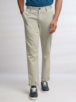 JadeBlue - Mens Light Green Cotton Slim Fit Solid Casual Trouser